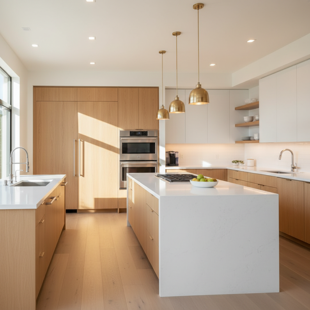 Bright upscale kitchen with integrated refrigerator and wall oven